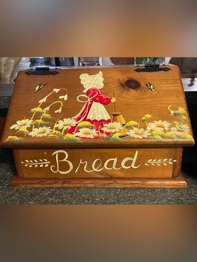 Vintage 70’s Handpainted Storybook Folk Art Wooden Bread Box